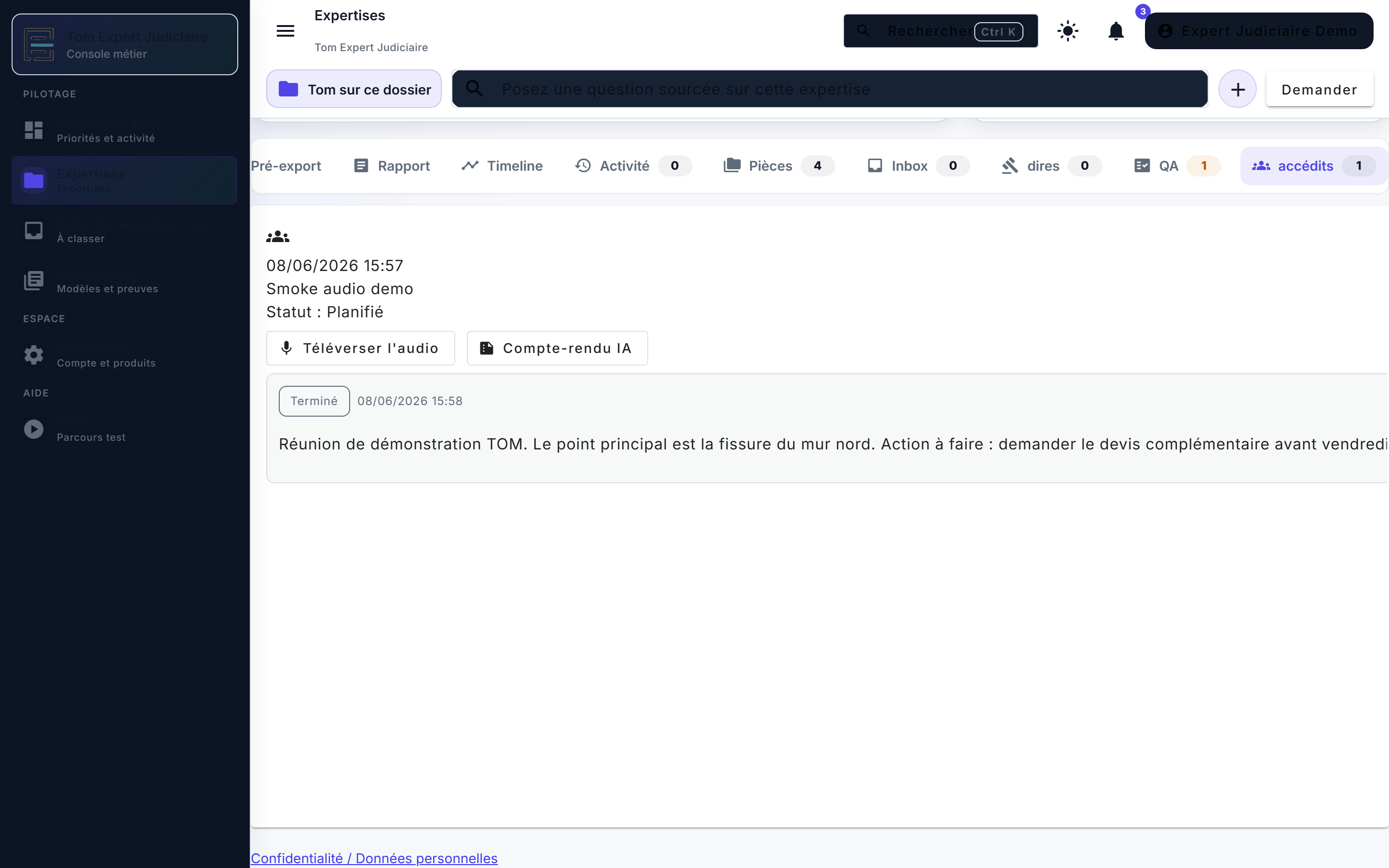 Accédit TOM : audio, transcription et compte-rendu IA rattachés au dossier