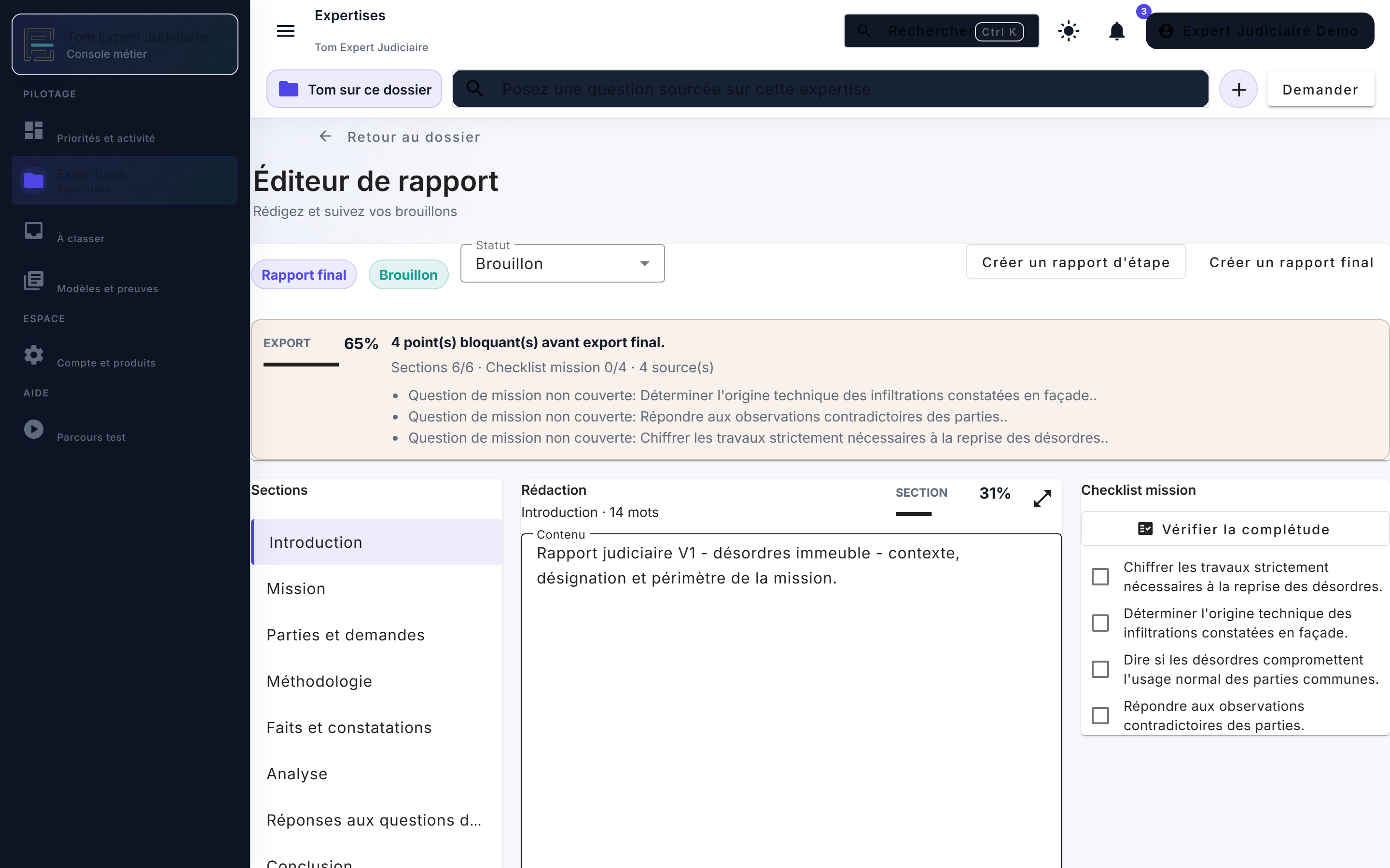Éditeur de rapport TOM : sections, rédaction assistée et checklist de mission